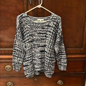 Sandro White and Blue Crew Neck Sweater with Textured Knit